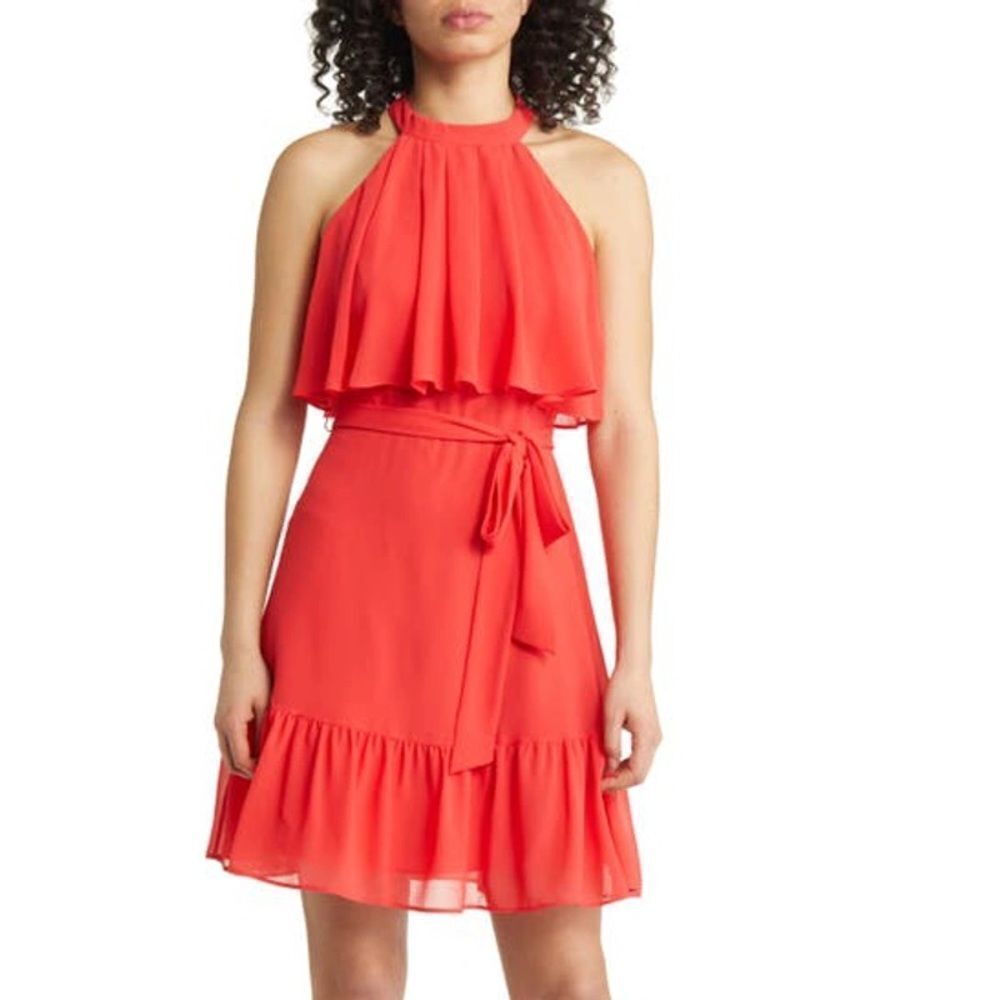 Eliza J Tiered Halter Flounce Hem Popover Dress in Strawberry Red Size 12